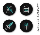 Set line Medieval chained mace ball, sword, castle gate and Crossed medieval icon. Vector