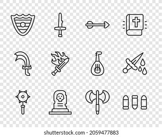 Set line Medieval chained mace ball, Bullet, Arrow, Grave with tombstone, Shield, Sword for game, poleaxe and blood icon. Vector