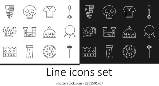 Set line Medieval chained mace ball, Old keys, Body armor, Castle, Cup from the skull, Shield, King crown and Skull icon. Vector