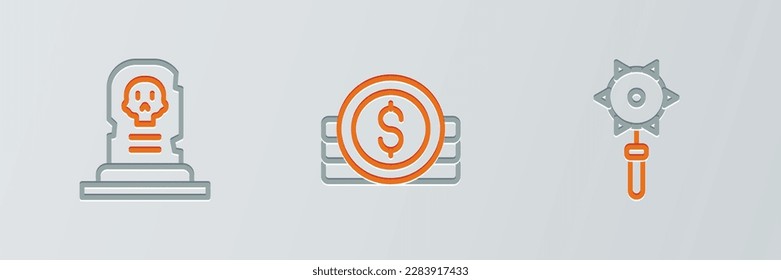 Set line Medieval chained mace ball, Grave with tombstone and Ancient coin icon. Vector