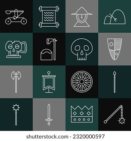 Set line Medieval chained mace ball, spear, Shield, iron helmet, Executioner axe tree block, Cup from the skull, Catapult shooting stones and Skull icon. Vector