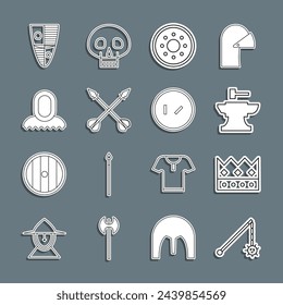 Set line Bola de maza encadenada medieval, corona de rey, yunque para herrería de martillo, escudo de madera redondo, flechas cruzadas, capucha, escudo e icono. Vector