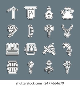 Set Linie Mittelalterliche Ketten-Mace-Ball, Schwert für Spiel, Halskette Amulett, Flasche mit Trank, Bogen, Spitzhacke und Ikone. Vektorgrafik