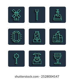 Set line Medieval chained mace ball, Joker head, goblet, Sword the stone, Princess, Diamond, Windmill and Castle, fortress icon. Vector