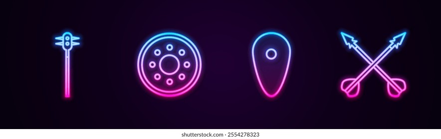 Set line Medieval chained mace ball, Round wooden shield, Shield and crossed arrows. Glowing neon icon. Vector