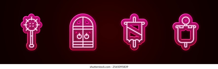 Set line Medieval chained mace ball, castle gate, flag and . Glowing neon icon. Vector