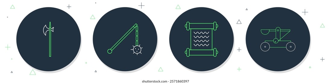 Set line Medieval chained mace ball, Decree, parchment, scroll, halberd and Catapult shooting stones icon. Vector