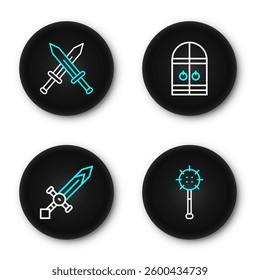 Set line Medieval chained mace ball, sword, castle gate and Crossed medieval icon. Vector