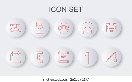Bola de maza encadenada medieval, armadura corporal, casco de hierro, hacha, piedras de tiro de catapulta, copa, torre del castillo y decreto, pergamino, icono de desplazamiento. Vector