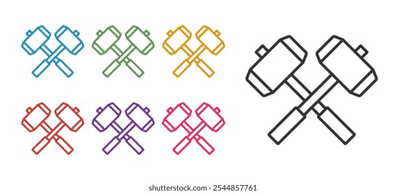 Definir linha Medieval martelos de batalha cruzada ícone isolado no fundo branco. Defina os ícones com cores. Vetor