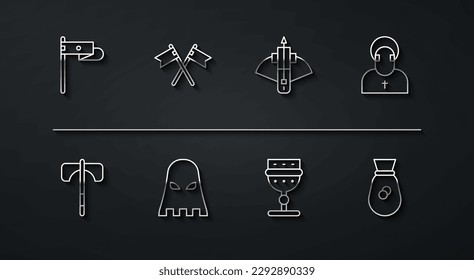 Fijar la línea Bandera medieval, hacha, monje, goblet, máscara de verdugo, cruz medieval cruzado, bolsa de dinero antiguo y crucigrama de batalla con icono de flecha. Vector