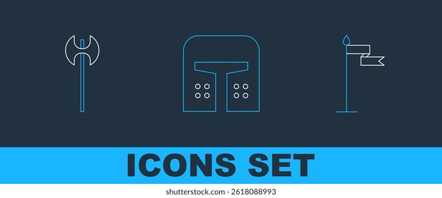 Set line Medieval flag, axe and iron helmet icon. Vector