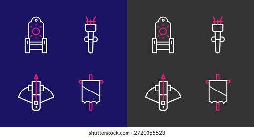 Set Linie Mittelalterliche Flagge, Kampf Armbrust mit Pfeil, Fackel Flamme und Thron-Symbol. Vektorgrafik