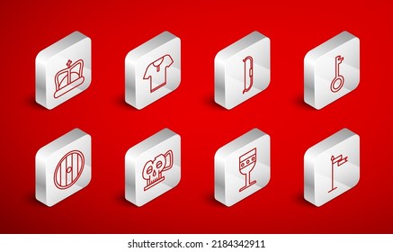 Set line Medieval flag, Body armor, bow, Old key, goblet, King crown, Cup from the skull and Round wooden shield icon. Vector