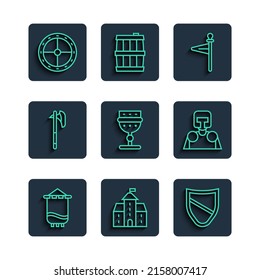 Set line Medieval flag, Castle, fortress, Shield, goblet, axe, Round wooden shield and knight icon. Vector