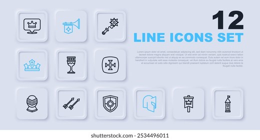 Set line Bandera medieval, torre del castillo, copa, casco, corona del rey, flechas, trompeta con escudo e icono. Vector
