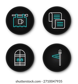 Fije la bandera medieval de la línea, puerta del castillo, decreto, pergamino, pergamino y cartel de la calle con el icono de la barra. Vector