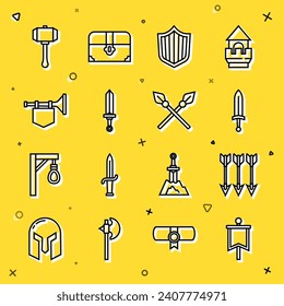 Fijar la línea Bandera medieval, flechas cruzadas, espada, escudo, trompeta con, martillo y lanzas medievales icono. Vector