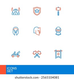 Set line Medieval flag, Crossed battle hammers, catapult, helmet, Battle and Shield with crown icon. Vector
