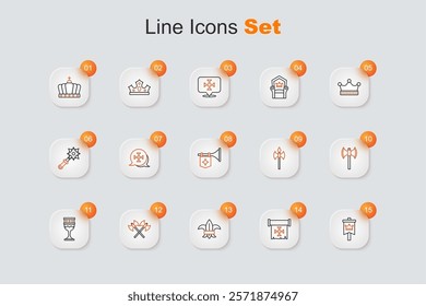 Set line Medieval flag, Crusade, Fleur lys or lily flower, Crossed medieval axes, goblet, poleaxe,  and Trumpet with icon. Vector