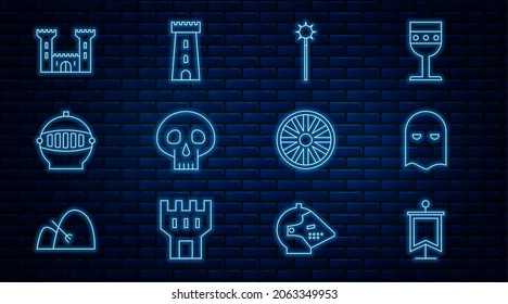 Set line Medieval flag, Executioner mask, chained mace ball, Skull, iron helmet, Castle, Old wooden wheel and tower icon. Vector