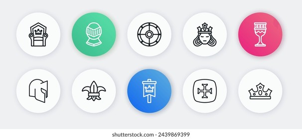 Set line Medieval flag, goblet, helmet, Crusade, Princess or queen, Round shield, King crown and Fleur lys lily flower icon. Vector