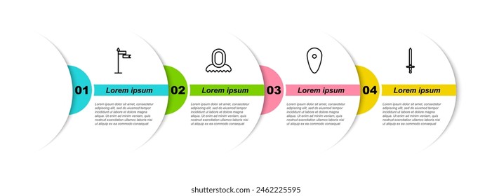 Fijar línea Bandera medieval, capucha, escudo y espada. Plantilla de infografía de negocios. Vector