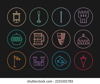Set line Medieval flag, King crown, spear, Wooden mug, iron helmet, Shield and Torch flame icon. Vector