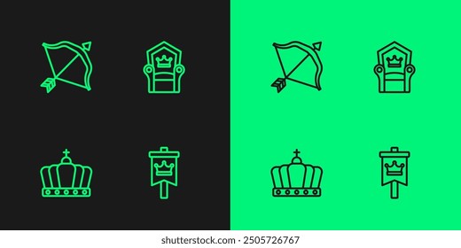Fije la bandera medieval de la línea, corona del rey, arco y flecha y el icono del trono. Vector