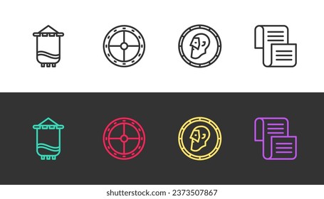 Fijar la línea Bandera medieval, Cubierta redonda de madera, Moneda antigua y Decreto, pergamino, pergamino, pergamino sobre blanco y negro. Vector