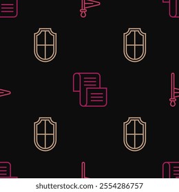 Set line Medieval flag, Shield and Decree, parchment, scroll on seamless pattern. Vector