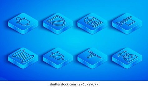 Set line Medieval flag, Shield, castle gate, Trumpet with, Decree, parchment, scroll and Joker head icon. Vector