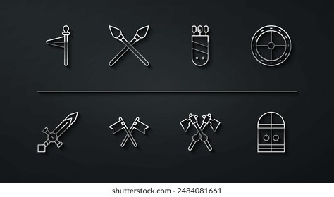 Set line Medieval flag, sword, Round wooden shield, Crossed medieval axes, spears, castle gate and Quiver with arrows icon. Vector