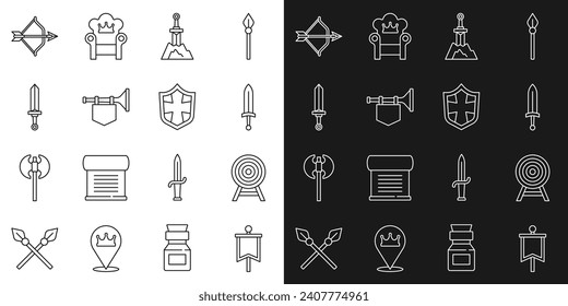 Die Linie Mittelalterliche Flagge, Ziel mit Pfeil, Schwert, Schwert im Stein, Trompete, Schleife und Schild Symbol. Vektorgrafik