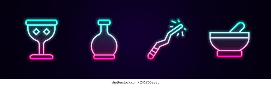 Set line Medieval goblet, Bottle with potion, Magic wand and Witch cauldron. Glowing neon icon. Vector