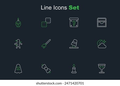 Set line Medieval goblet, Burning candle, Bow tie, Ghost, Moon stars, Game thimbles, Witches broom and Voodoo doll icon. Vector