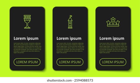 Set line Medieval goblet, Castle tower and King crown. Business infographic template. Vector