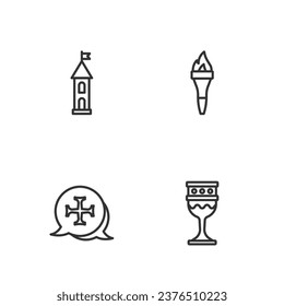 Set line Medieval goblet, Crusade, Castle tower and Torch flame icon. Vector