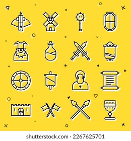Set Linie Mittelalterliche Kugel, Dekret, Pergament, Scroll, Fahne, gekettete Ass-Kugel, alte Flasche Wein, Joker-Kopf, Schlacht-Kreuzbogen mit Pfeil und Crossed mittelalterliches Schwert Symbol. Vektorgrafik
