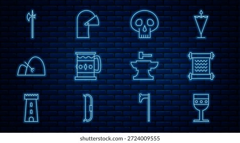 Set line Cáliz medieval, Decreto, pergamino, pergamino, calavera, taza de madera, bala de heno y rastrillo, alabarda, yunque para martillo herrero e icono de casco de hierro. Vector