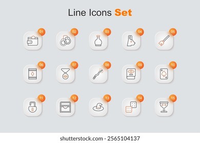 Set line Medieval goblet, Game dice, Witch hat, Antique treasure chest, Open padlock, Playing cards, Ancient magic book and Magic wand icon. Vector