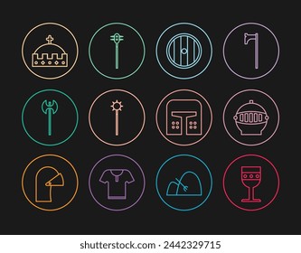 Set line Mittelalterlicher Becher, eiserner Helm, Runder Holzschild, Ketten-Mace-Ball, Axt, Königskrone und Ikone. Vektor