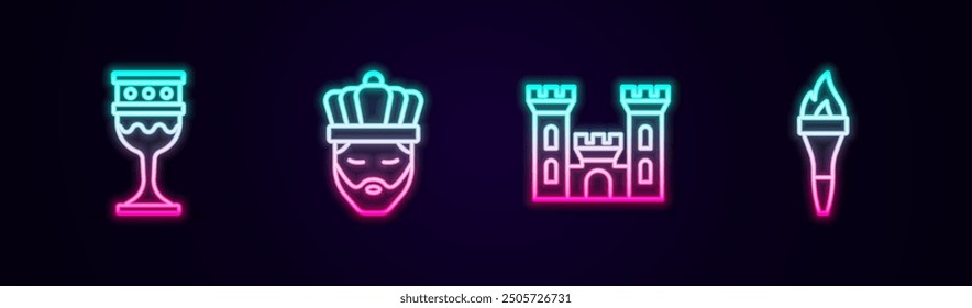 Set line Medieval goblet, King with crown, Castle and Torch flame. Glowing neon icon. Vector