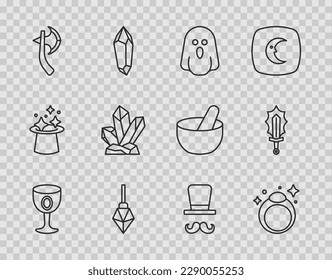Set line Medieval goblet, Magic stone ring, Ghost, Wooden axe, Magician and sword fire icon. Vector