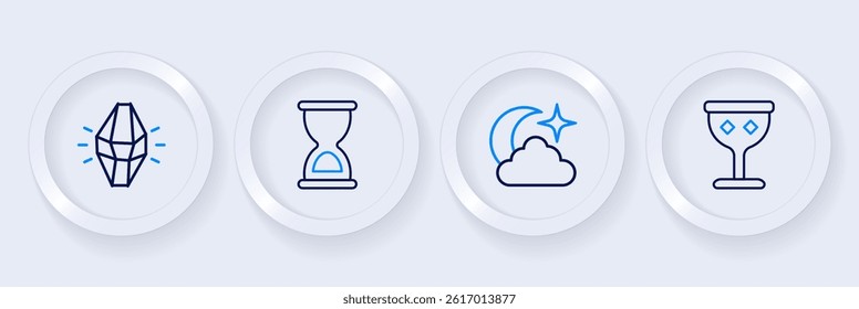 Set line Medieval goblet, Moon and stars, Old hourglass and Magic stone icon. Vector