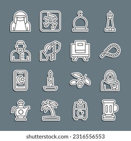 Set line Medieval goblet, Muslim woman in hijab, Rosary beads religion, Mosque, Hands praying position, niqab and Holy book of Koran icon. Vector