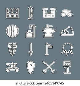 Línea Goblet medieval, Claves antiguas, Bale de heno y rastrillo, Castillo, hacha de verdugo en bloque de árbol, Escudo de madera redonda, Corona de rey y yunque para el icono del martillo herrero. Vector