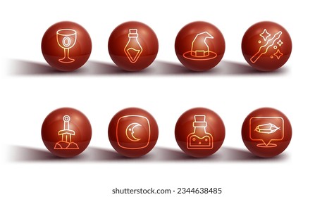 Fijar la línea Goblet Medieval, Espada en la piedra, varita mágica, Botella con poción, Estrellas de la luna e ícono de sombrero de bruja. Vector