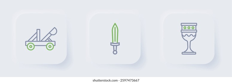 Set line Medieval goblet, sword and catapult icon. Vector