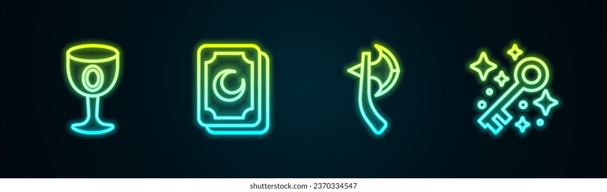 Set line Medieval goblet, Tarot cards, Wooden axe and Old magic key. Glowing neon icon. Vector